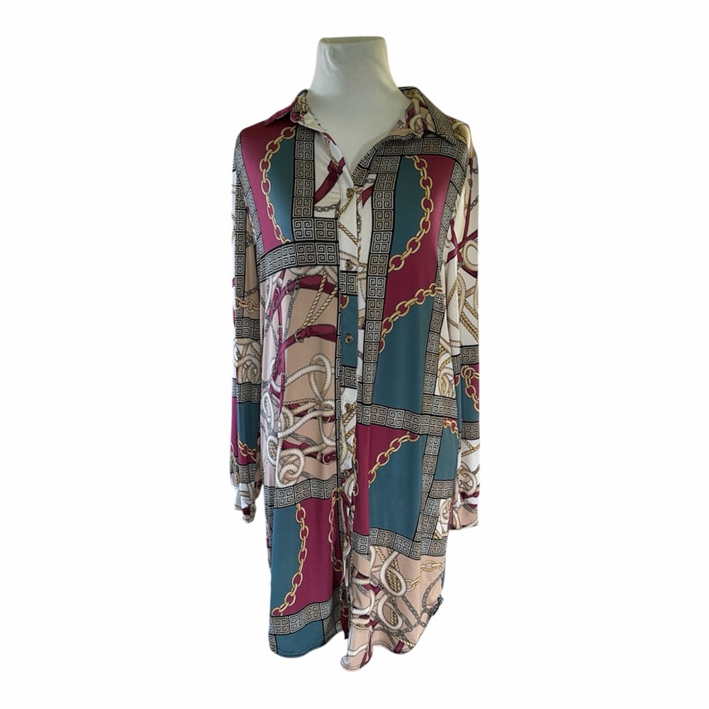 Uptown USA  colorful equestrian Chain Print Womens  Button Down  long Shirt , M